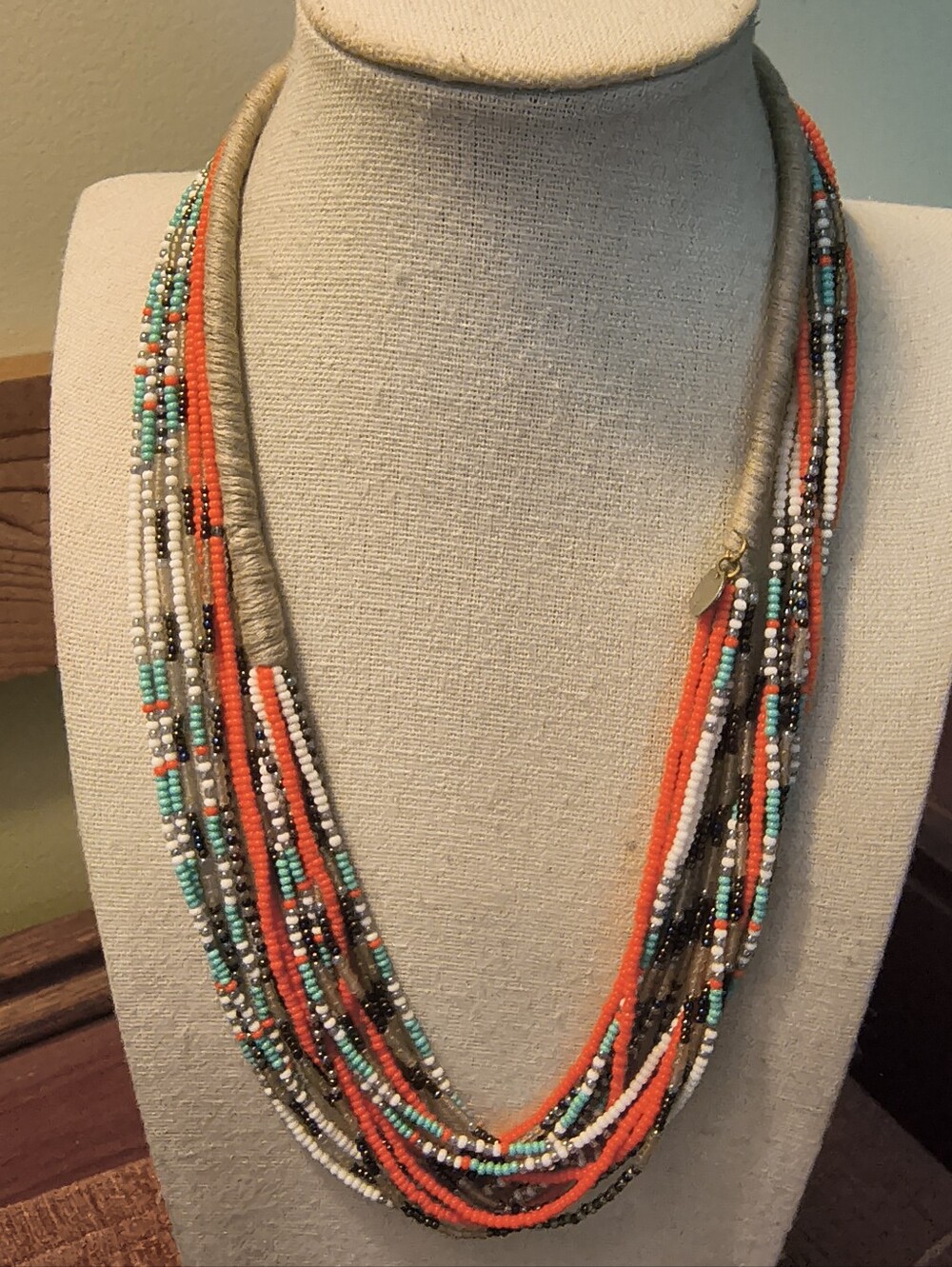 Chan Luu Turquoise Silver  White Orange Seed Bead Long Multi Strand Necklace